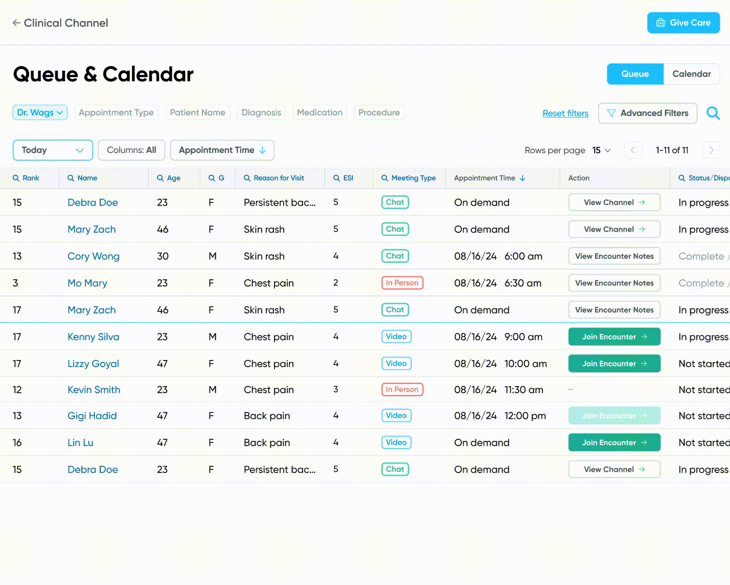 User changes the Care Queue's time frame from today to today plus minus 24 hours.