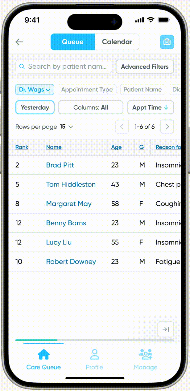 User narrows down the number of columns displayed by choosing to view only 'Operational' columns for the Care Queue on mobile.