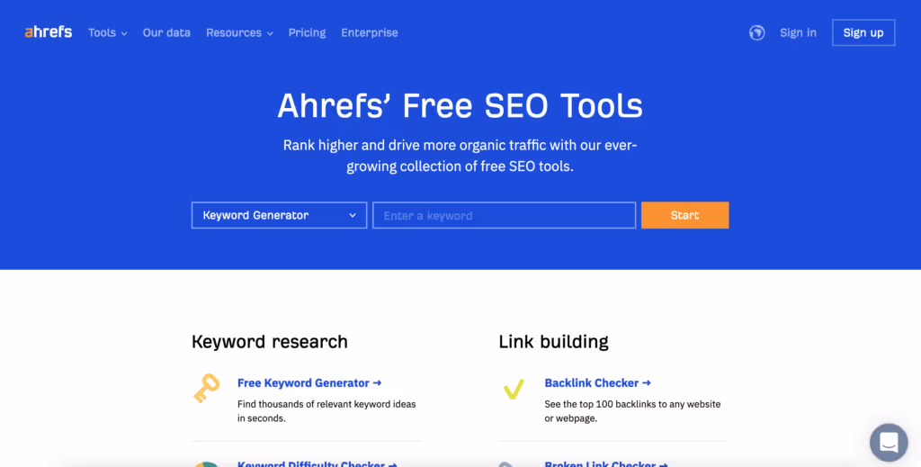 "Ahrefs Free SEO Tools" Product Home Page