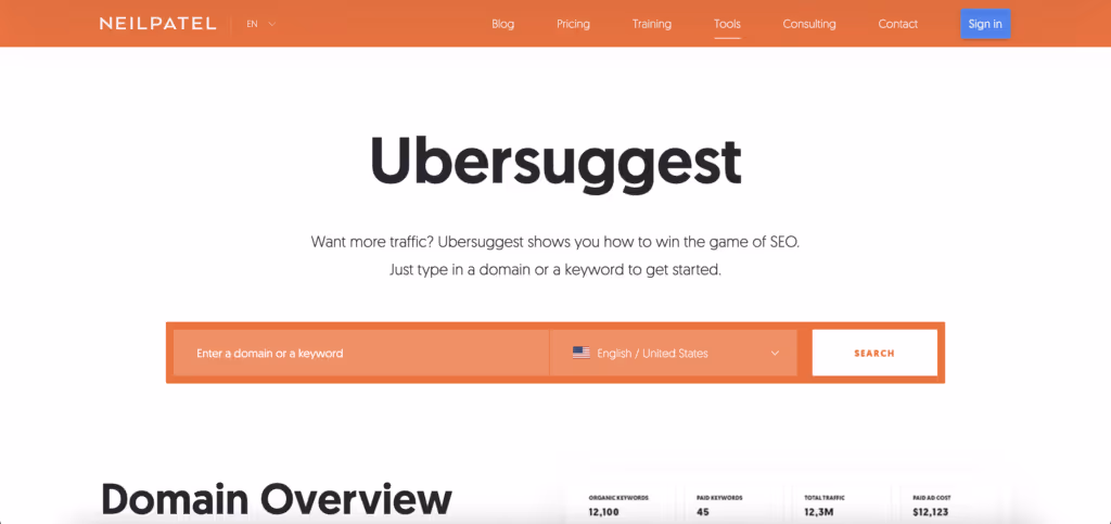 Ubersuggest domain and keyword search feature