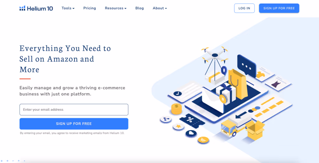 "Everything You Need to Sell on Amazon and More" Helium 10 Product Offering