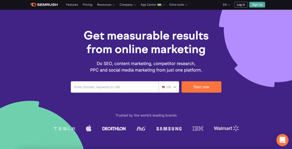 "Get measurable results from online marketing" SEMRush Homepage