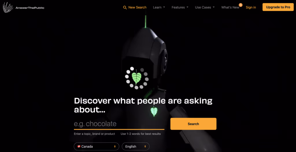 "Discover what people are asking about..." AnswerThePublic Keyword Search Page