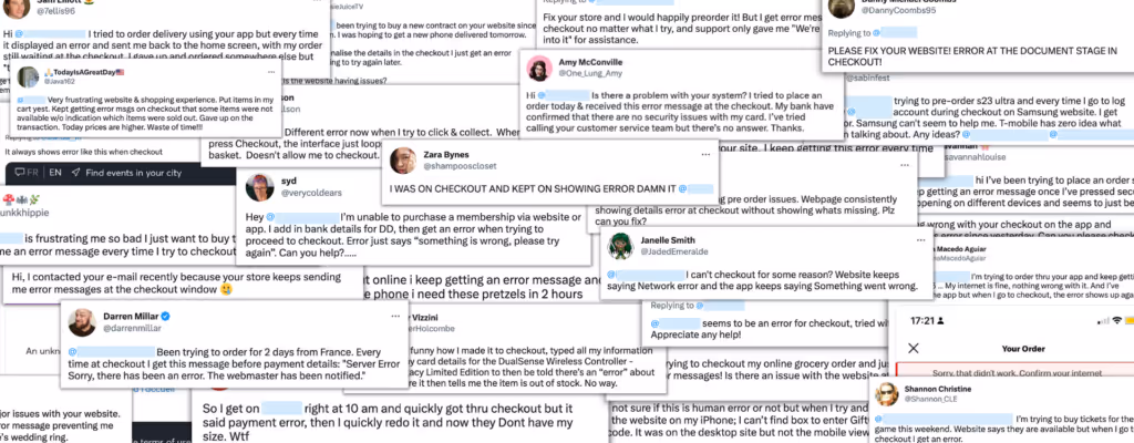 Screenshots of tweets complaining about experiencing checkout errors on eCommerce websites