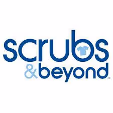 Scrubs & Beyond Logo - blue text with a small light blue scrub shirt in the hole of the b at the end of Scrubs