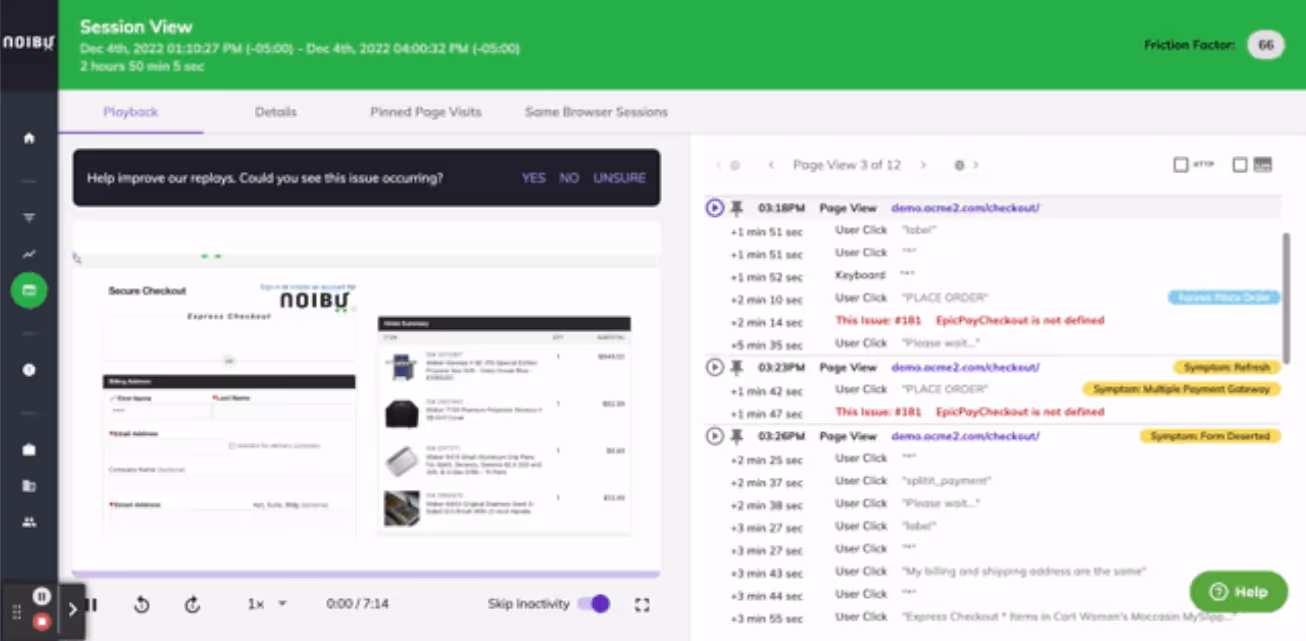 Demo view of Noibu's Developer Tab and Session Replay feature