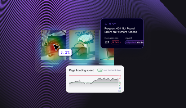 Noibu Page Analysis showing page-level revenue metrics alongside a click heatmap for an ecommerce product page