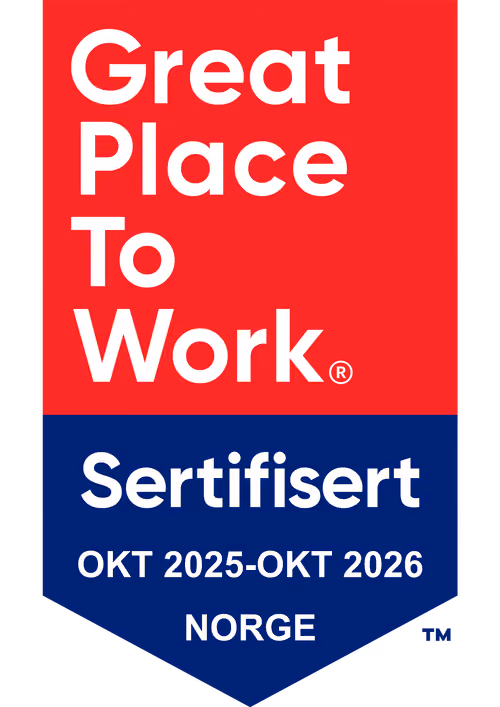 Stempel med teksten Great Place To Work sertifisert i Norge fra oktober 2025 til oktober 2026.