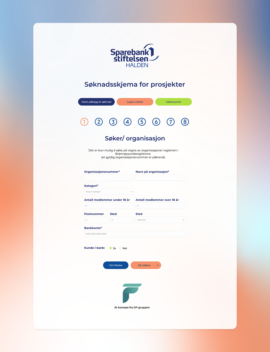 Søknadsskjema med Sparebankstiftelsen Halden-logo øverst, trinnvis navigasjon, felt for organisasjonsnummer, organisasjonsnavn, kategori, medlemsantall, postnummer, sted, bankkonto og kundevalg.