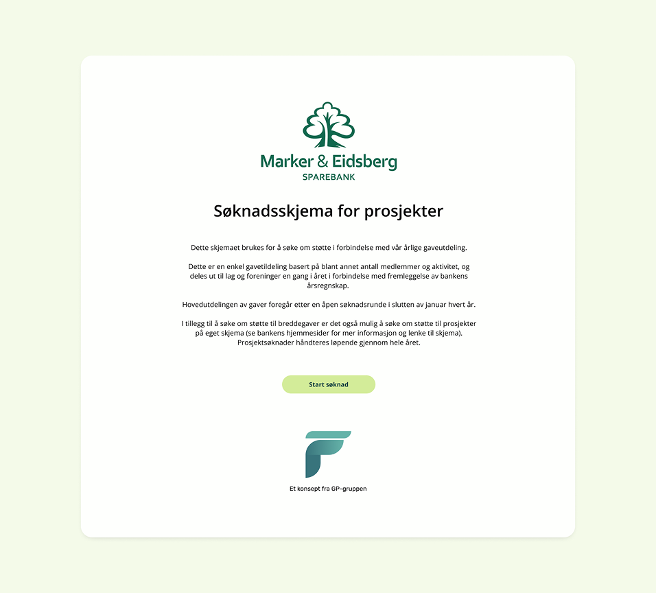 Søknadsskjema for prosjekter fra Marker & Eidsberg Sparebank med instruksjoner, grønn knapp med teksten Start søknad, og logoen til GP-gruppen nederst.