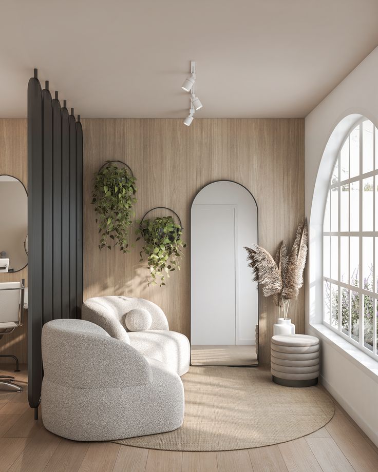 A serene and stylish waiting area of a cosmetic clinic with contemporary decor, comfortable seating‍
