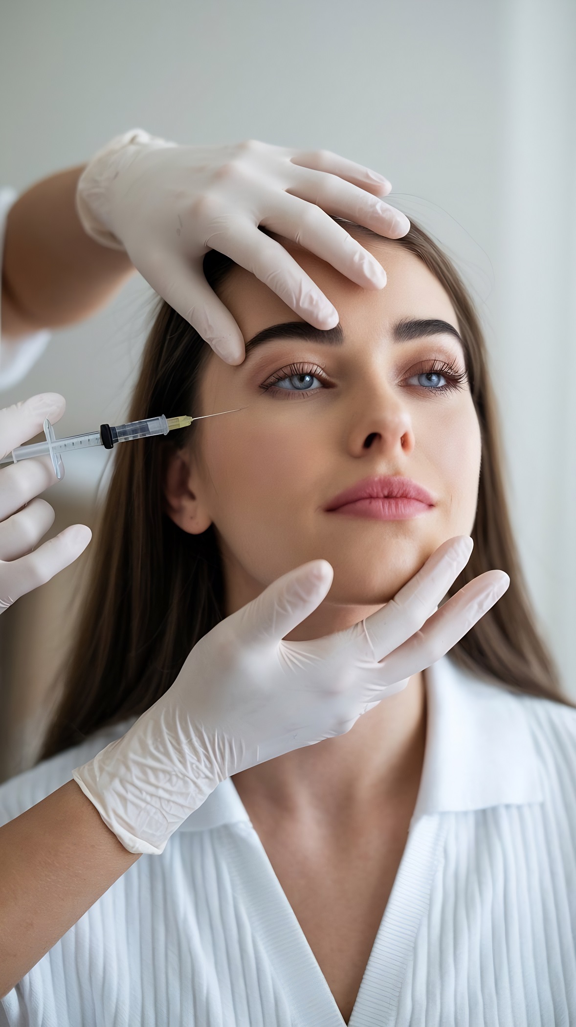 Une esthéticienne réalisant une procédure de Botox sur le front d'une jeune femme.