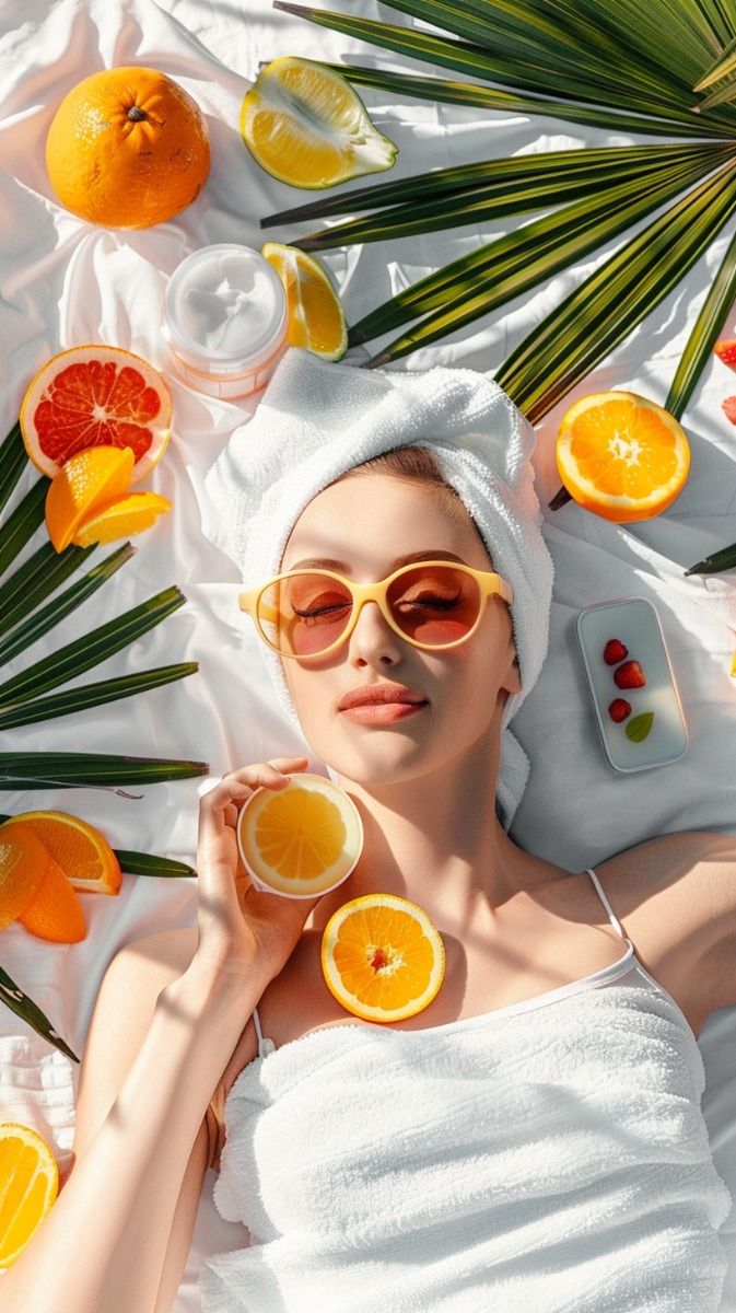 A woman with beautiful skin enjoying a relaxing skincare session. She is lying down with slices of oranges and lemons around her, highlighting the best foods for the skin. 