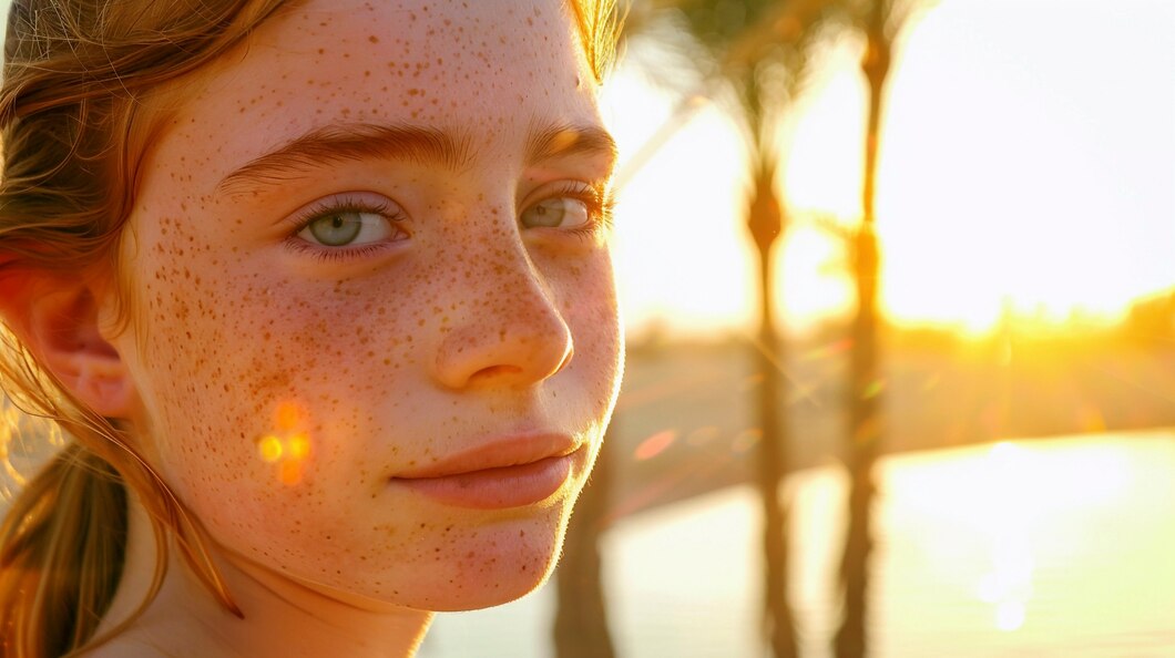 Taches de rousseur et taches brunes visage causées par le soleil.