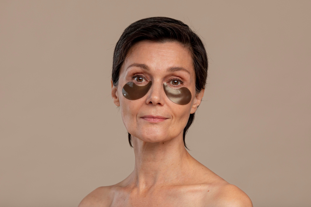 Soin esthétique anti-âge appliqué sur le visage d’une femme, illustrant un traitement anti-cernes efficace contre les cernes sous les yeux.