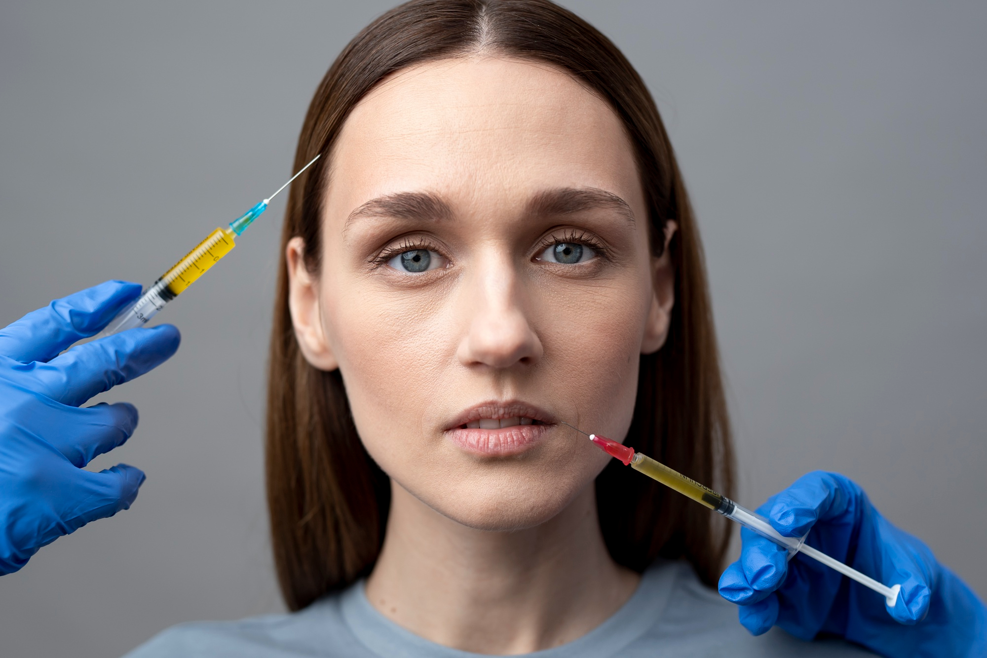 Front view of a woman receiving a precise injection along the jawline in a clinical setting, illustrating the masseter botox procedure steps.