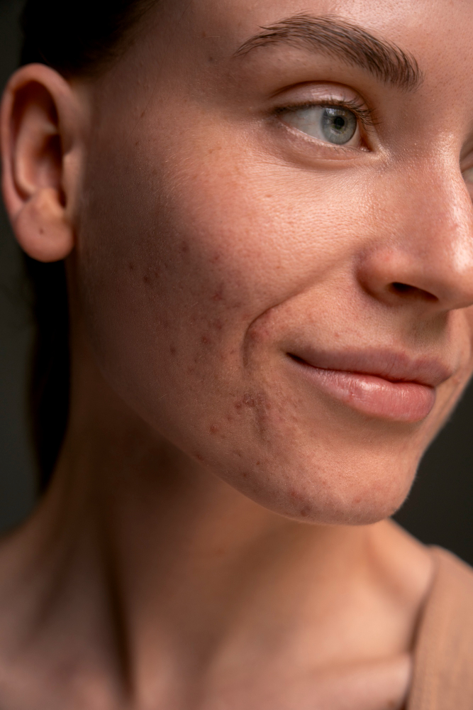 Cicatrices acné traitement gros plan sur les marques post-acnéiques sur le visage d'une femme.