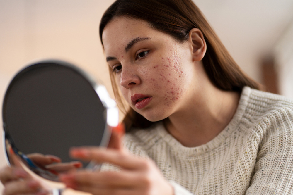 Jeune femme aux cicatrices atrophiques visage examinant sa peau acnéique dans un miroir rond.