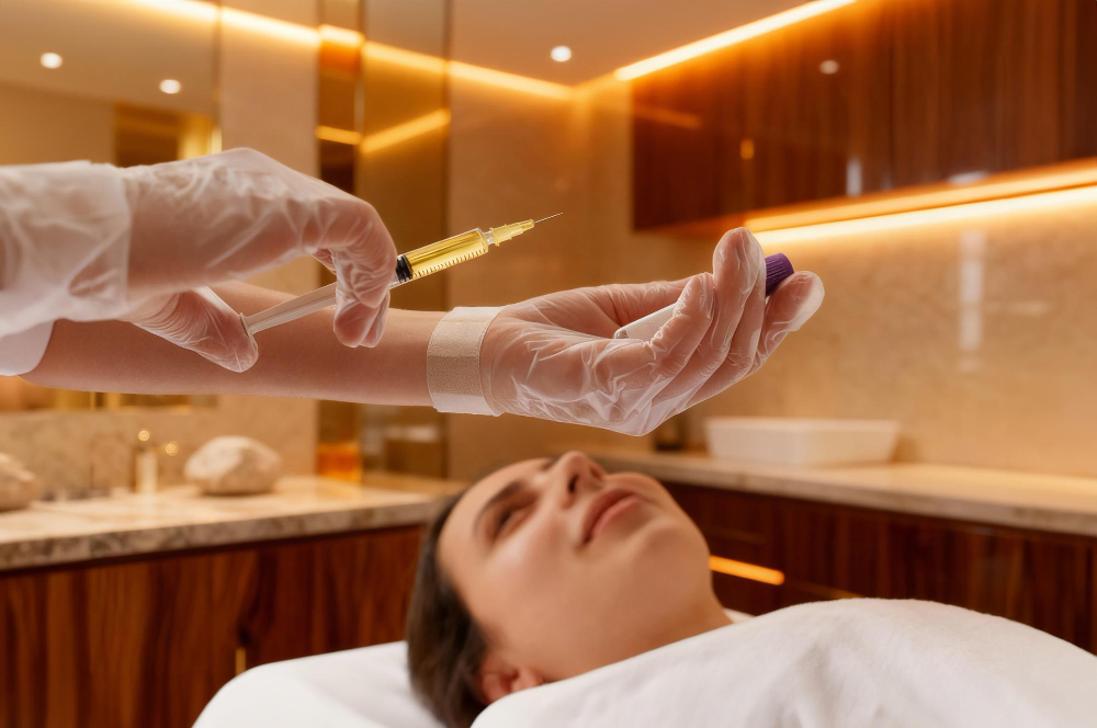 Injection d'Hydroxyapatite de calcium (Radiesse) pour le rajeunissement des mains en clinique.
