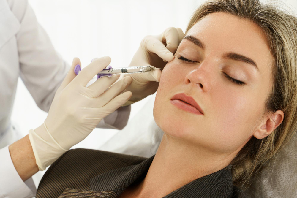 Femme allongée, yeux fermés, alors que des mains gantées de blanc glissent une seringue d'acide hyaluronique dans la pommette