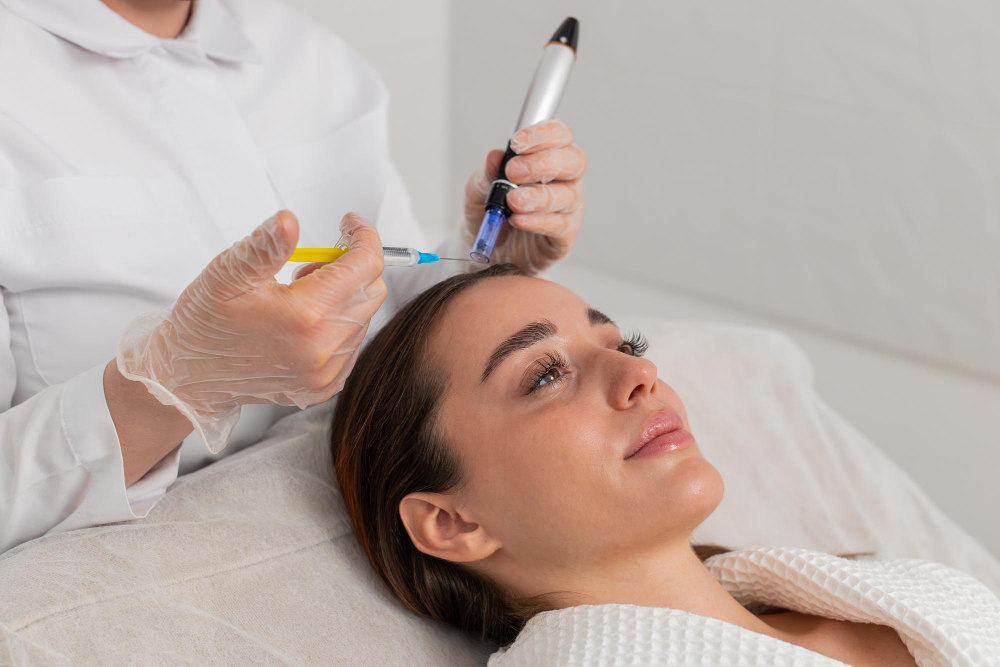 Professionnelle traçant des repères sur le cuir chevelu d'une cliente avant une séance de Traitement par PRP en clinique, MTL.