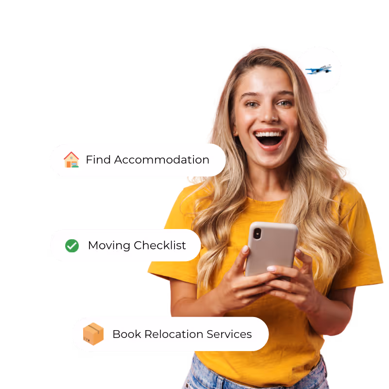 Photo of an expat smiling, holding a phone, with text bubbles around her that highlight Matutto's relocation solutions