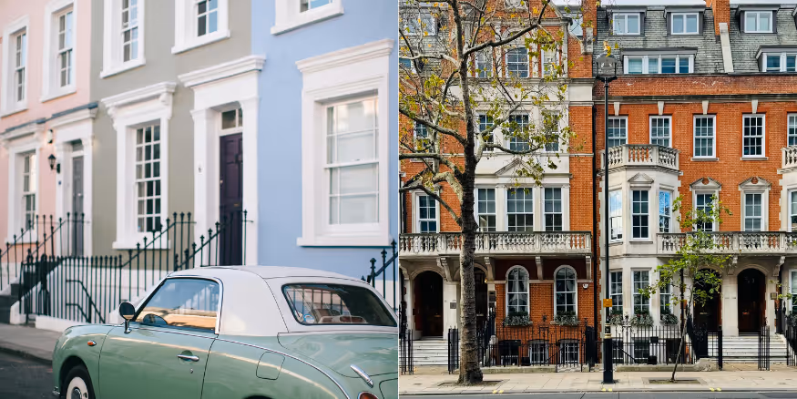 Photos of colorful houses in London side by side with brown brick traditional houses