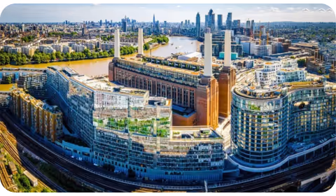 Aerial view of Battersea with the city of London in the background
