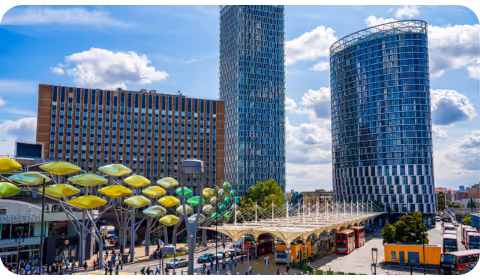 Stratford Center with high rises in the back