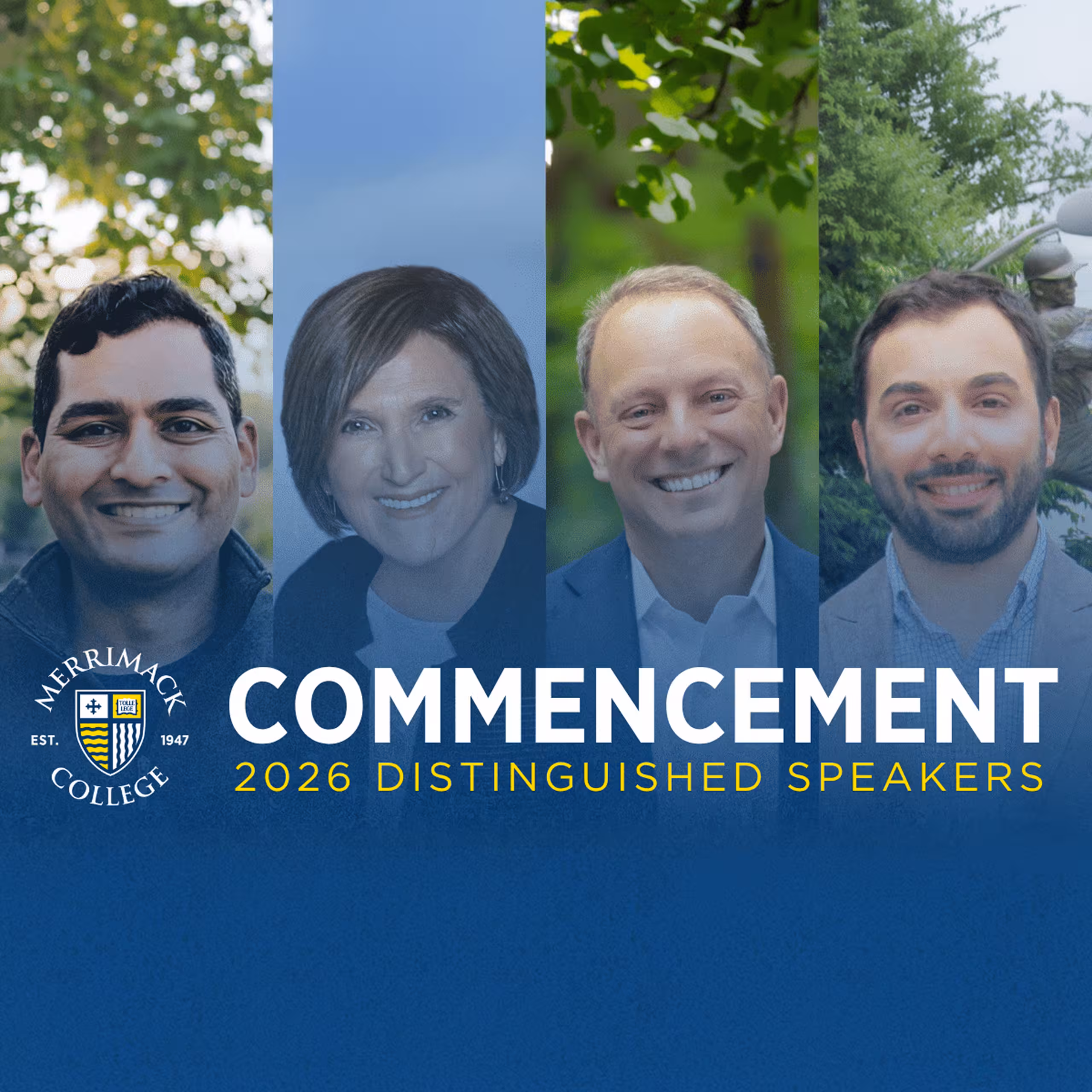 Headshots of Merrimack College 2026 commencement distinguished speakers