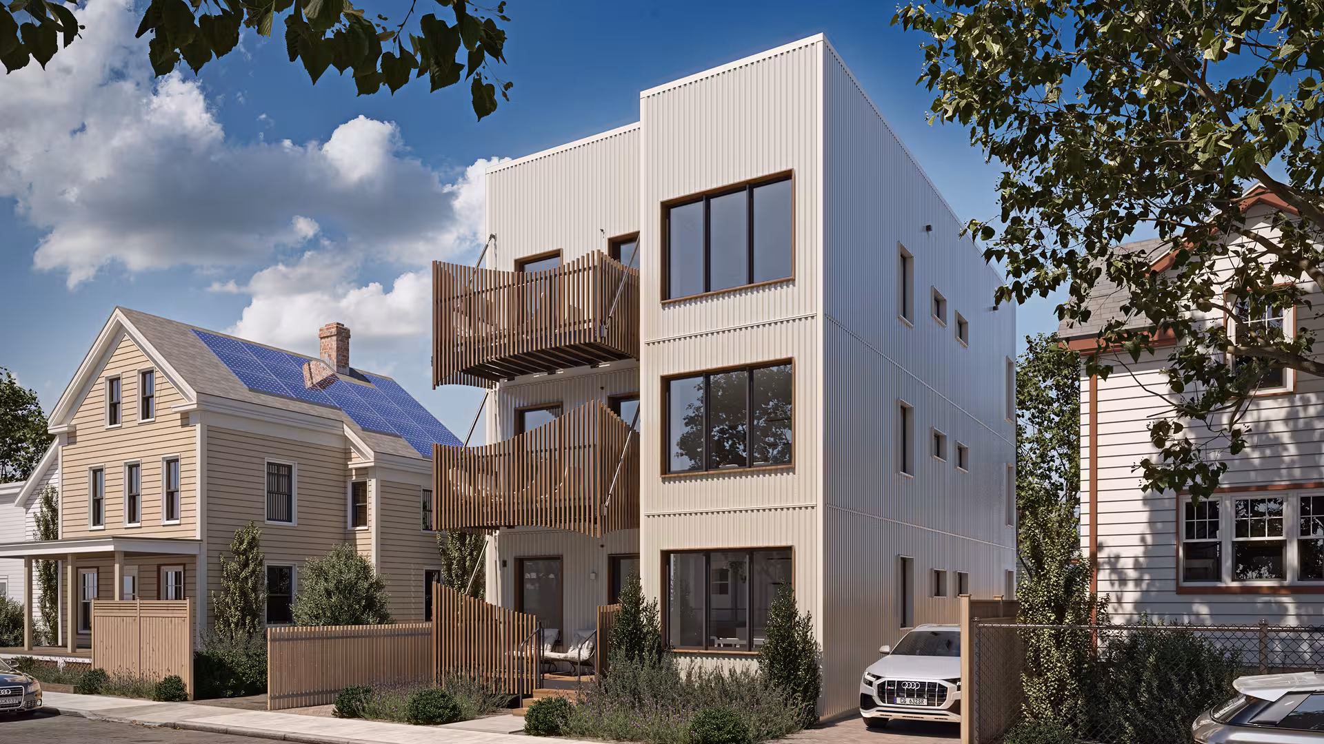 Architectural rendering of a modern three-story Reframe Systems modular home between older houses