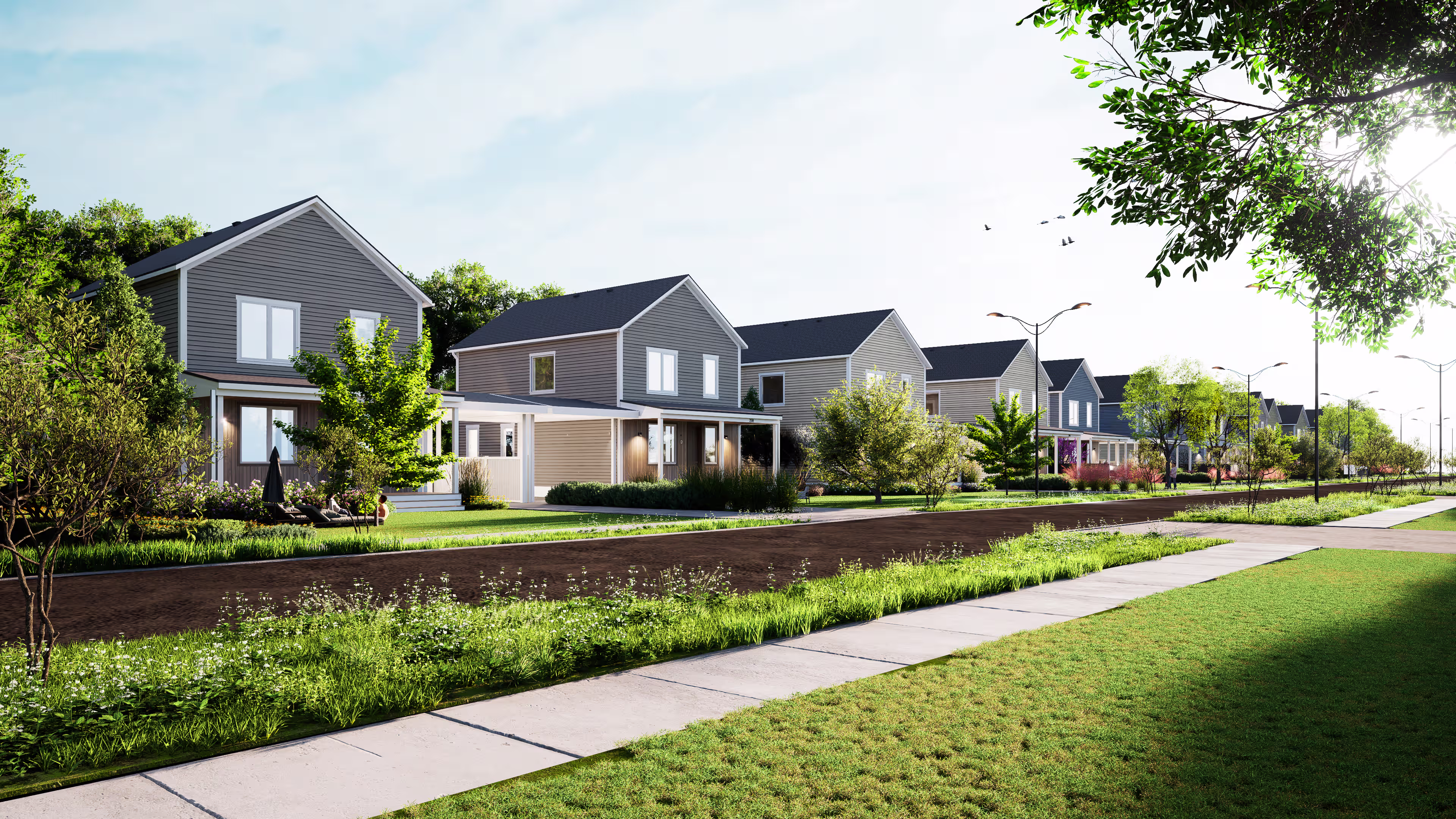 Architectural rendering of a Reframe Systems modular housing development showing a tree-lined street of two-story homes with varied siding colors and landscaped front yards