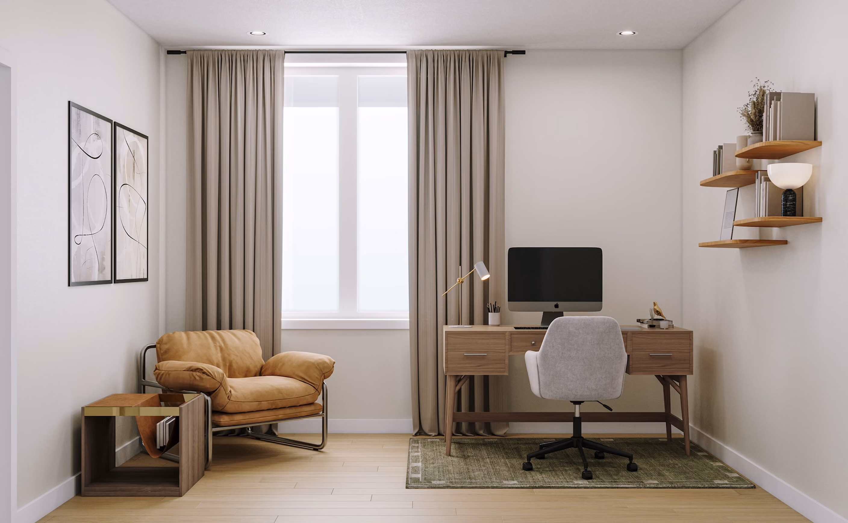 Flexible home office and sitting room with a desk, office chair, tan lounge chair, and large window.