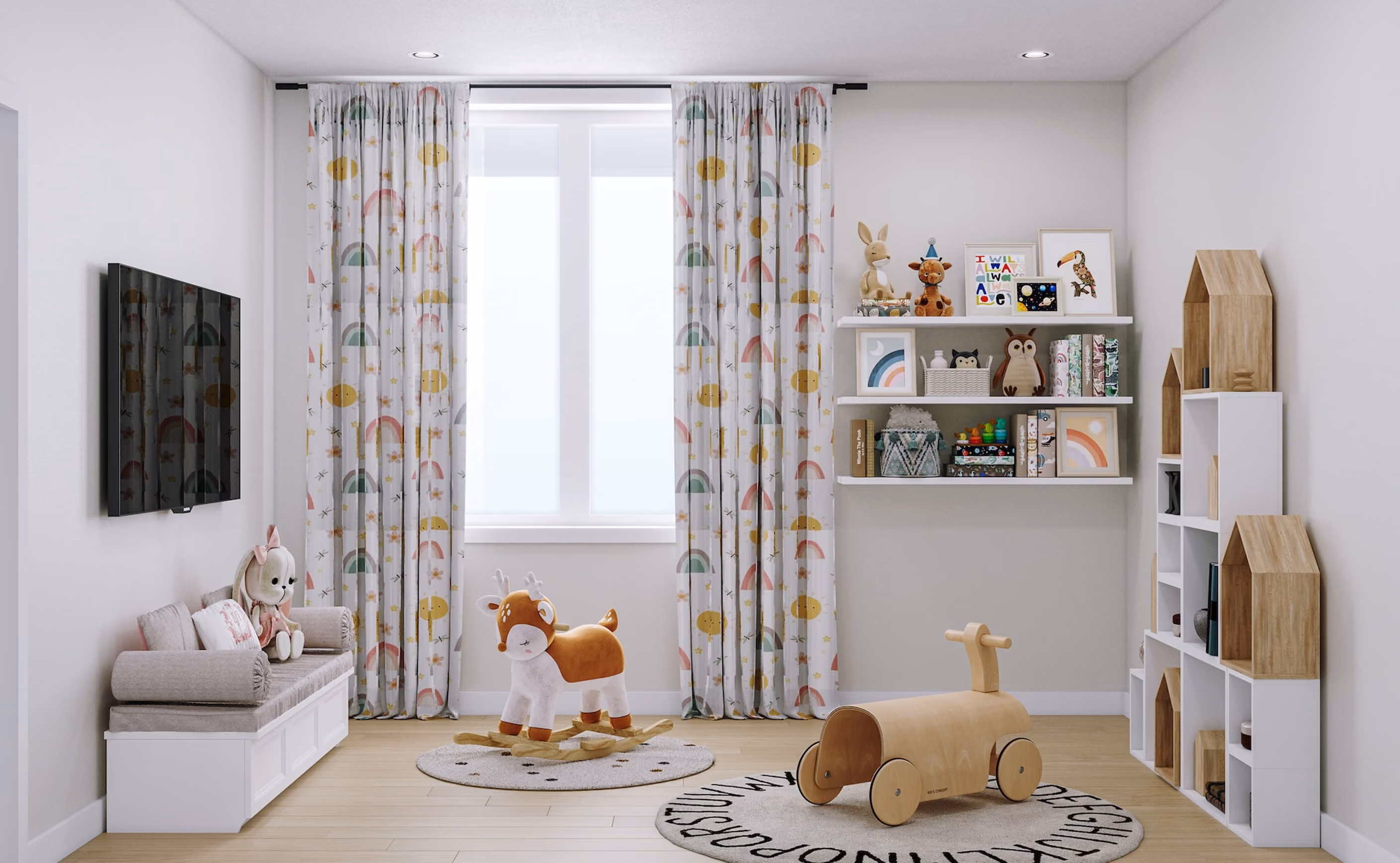 Bright children’s playroom with patterned curtains, toy storage, books, and stuffed animals.