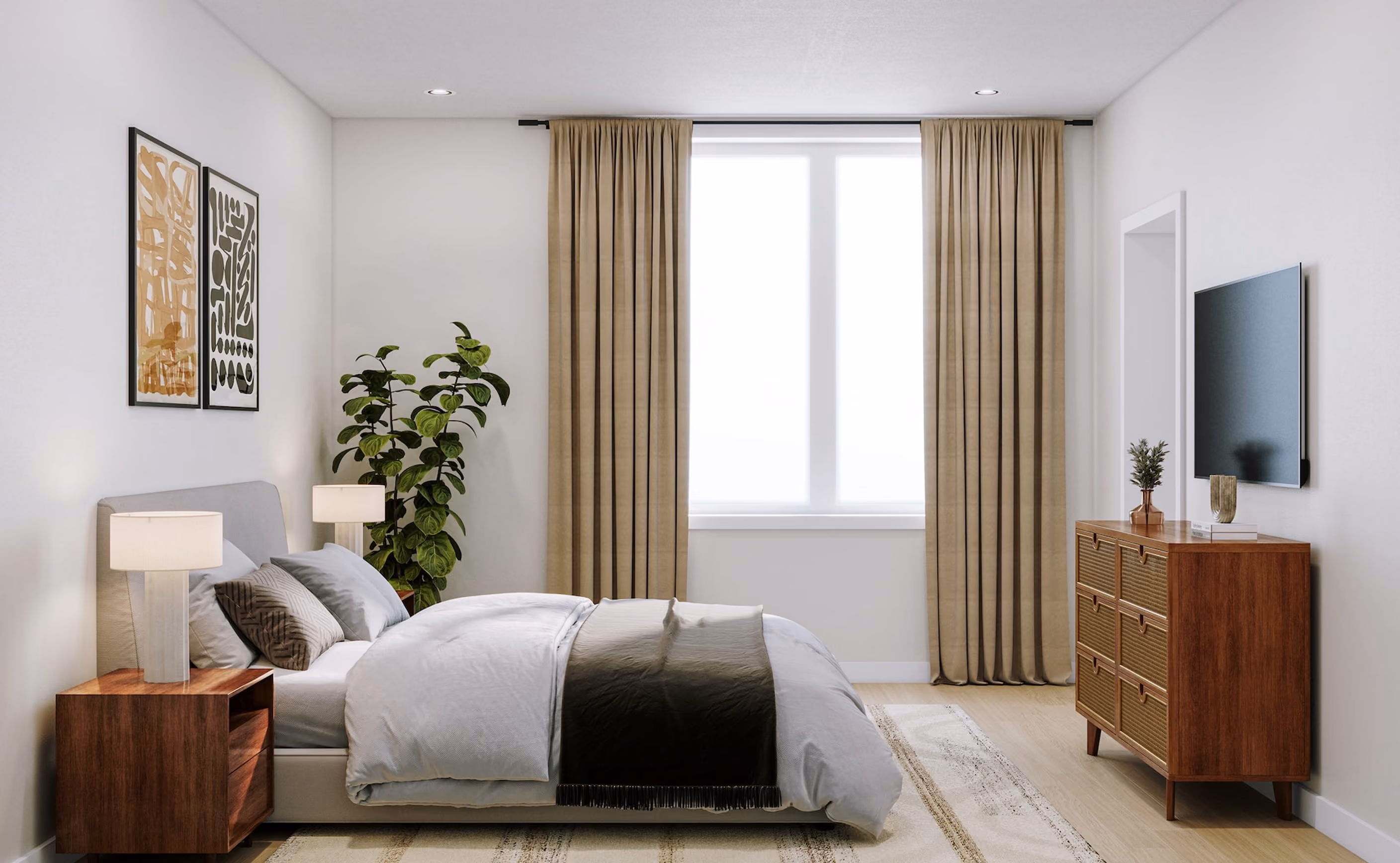 Calm bedroom with a dark upholstered bed, wood nightstands, a dresser, and a large curtained window.