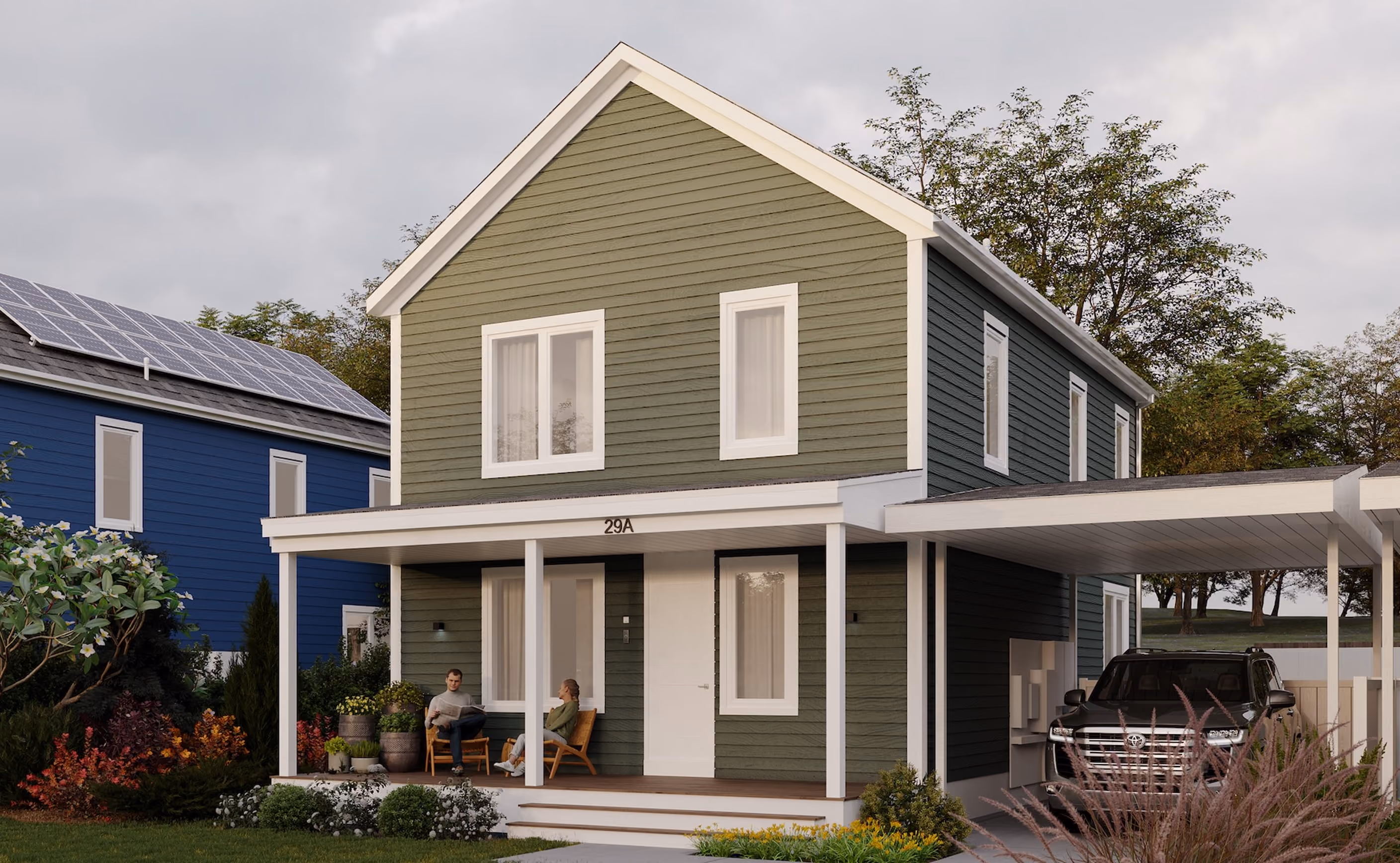 Exterior rendering of a gray two-story Adams Circle home with white trim, a covered porch, and an attached carport.