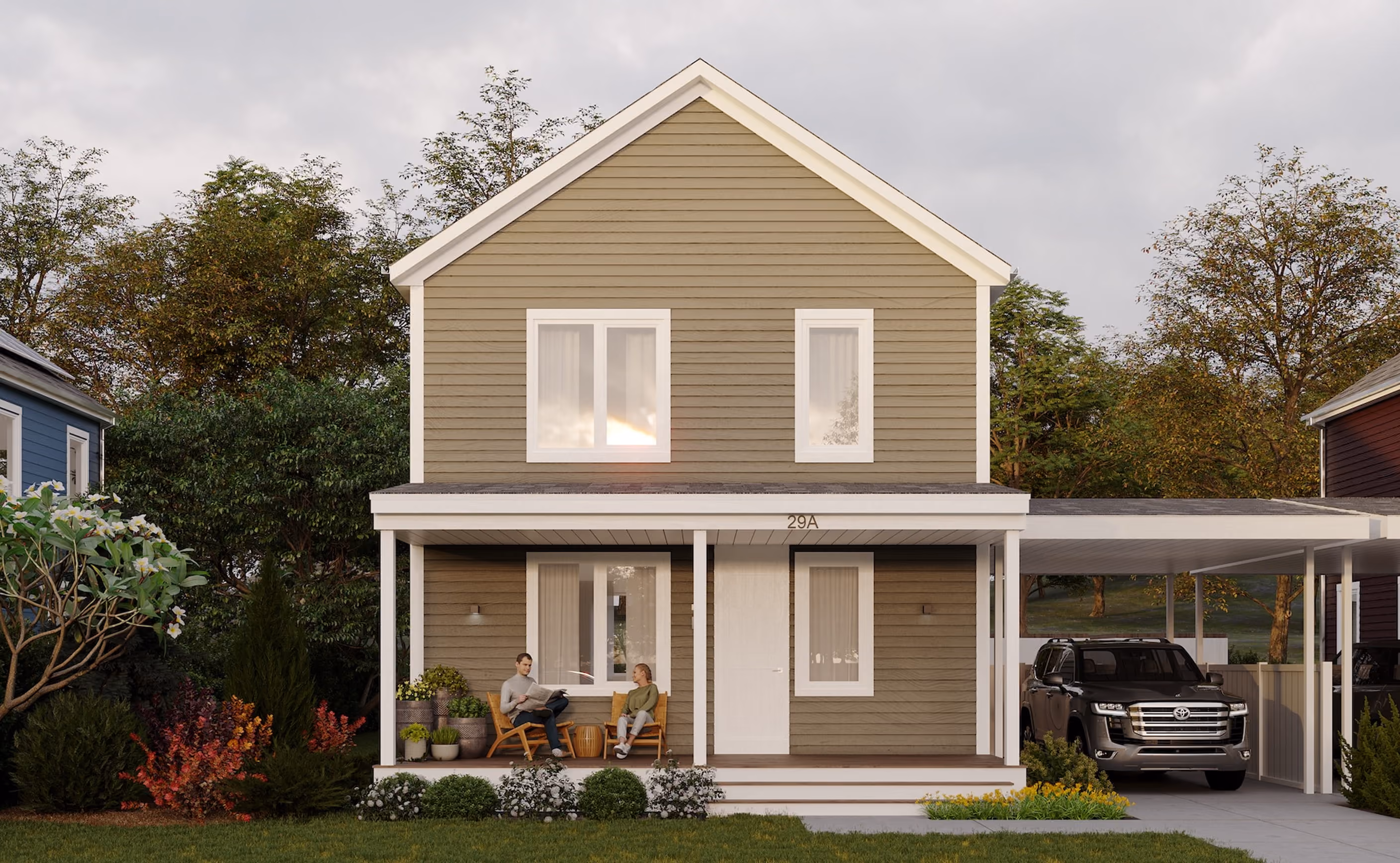 Exterior rendering of a beige two-story Adams Circle home with a front porch, landscaping, and an attached carport.