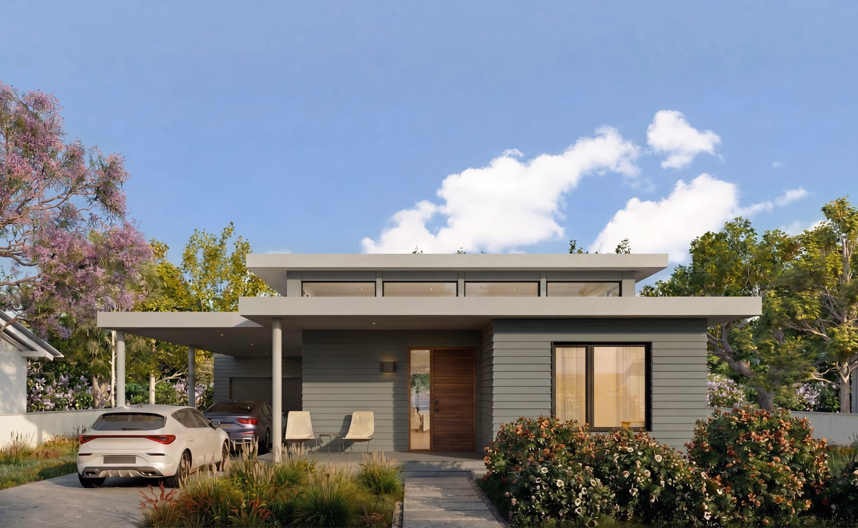 Front exterior view of the completed Glenrose wildfire-resilient bungalow