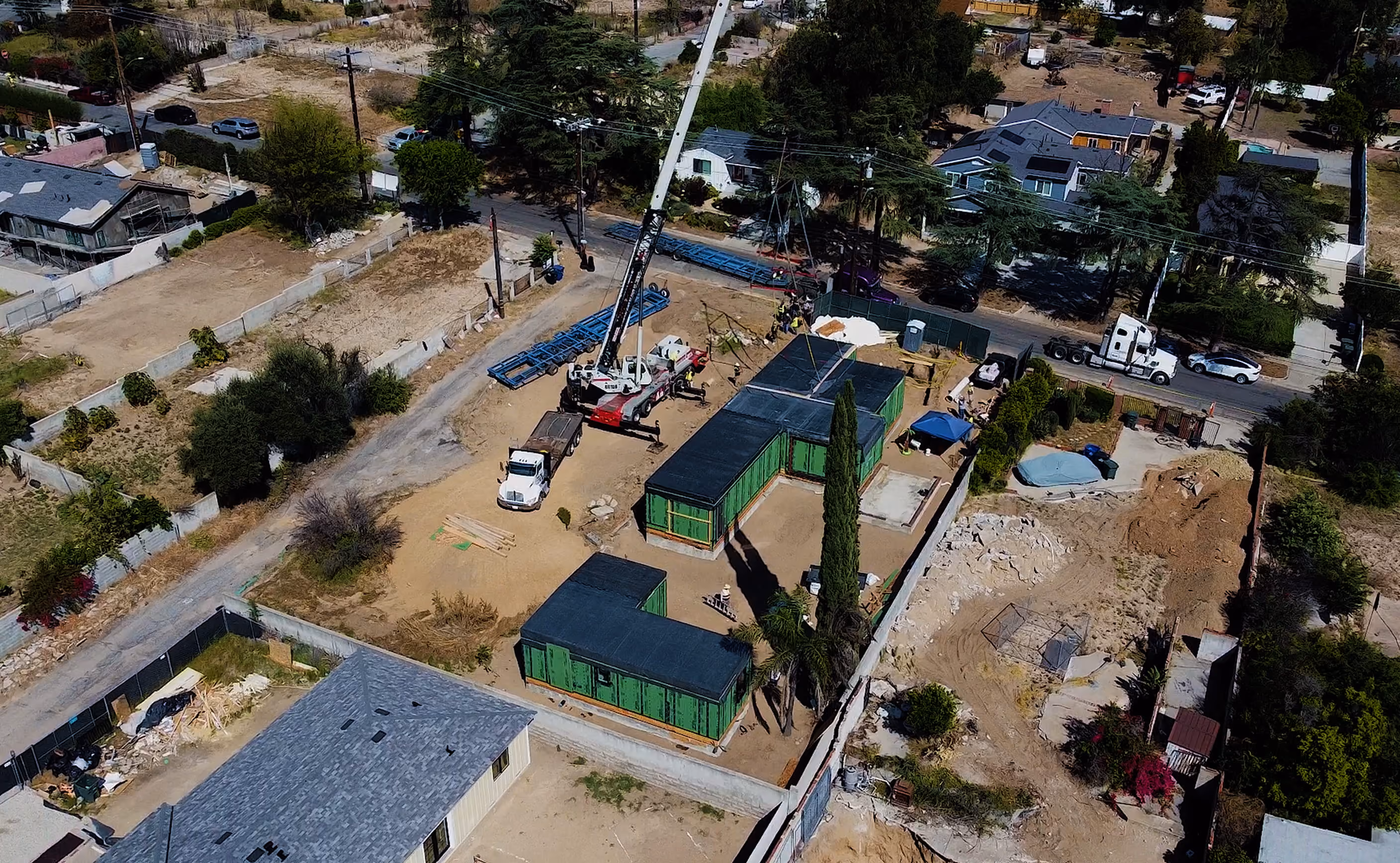 Aerial view of the Glenrose modular home construction site in Altadena, California