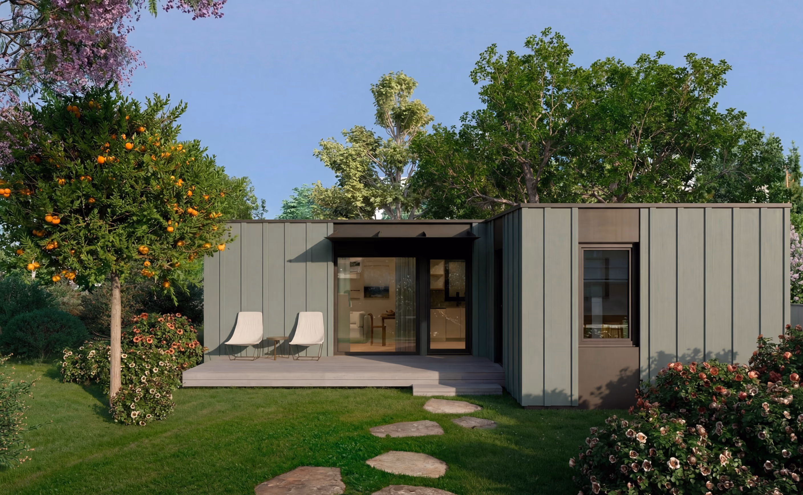Rear perspective of the Glenrose home showing the outdoor living area