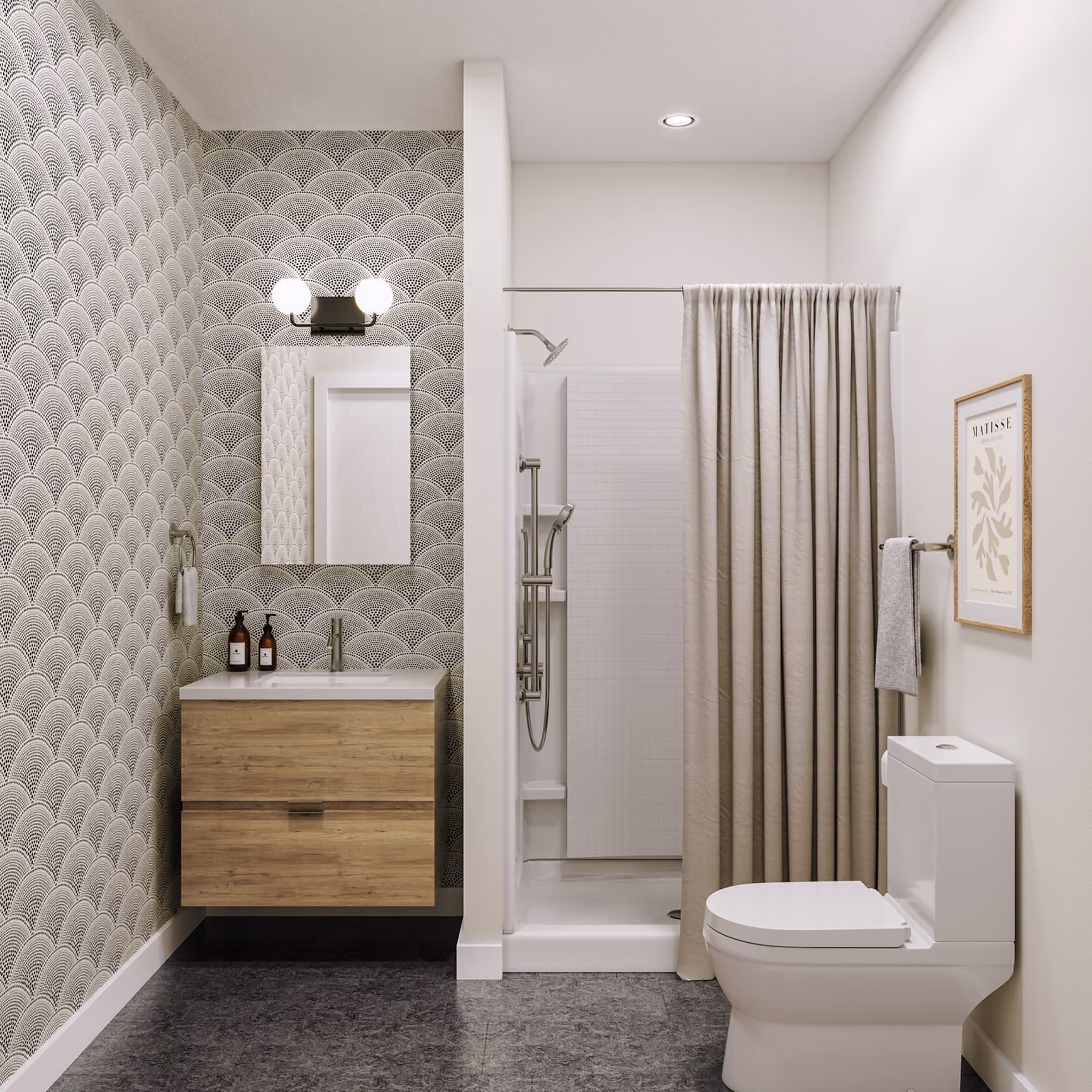 Compact bathroom with patterned wallpaper, a wood vanity, glass-enclosed shower, and toilet.