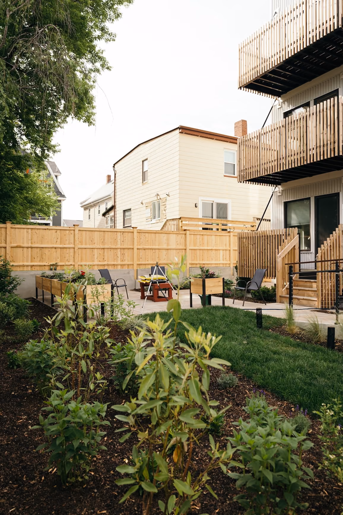 Landscaped shared courtyard between Adams Circle homes, with garden beds and young trees.