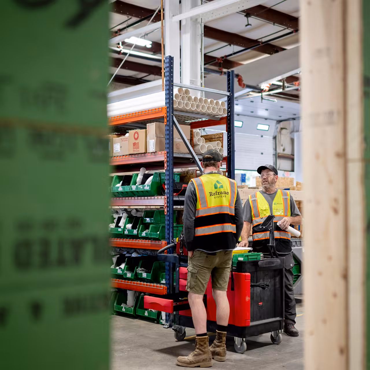 Two construction workers in high-visibility safety vests talk beside a rolling tool cart and shelves stocked with building materials inside a prefabrication facility.