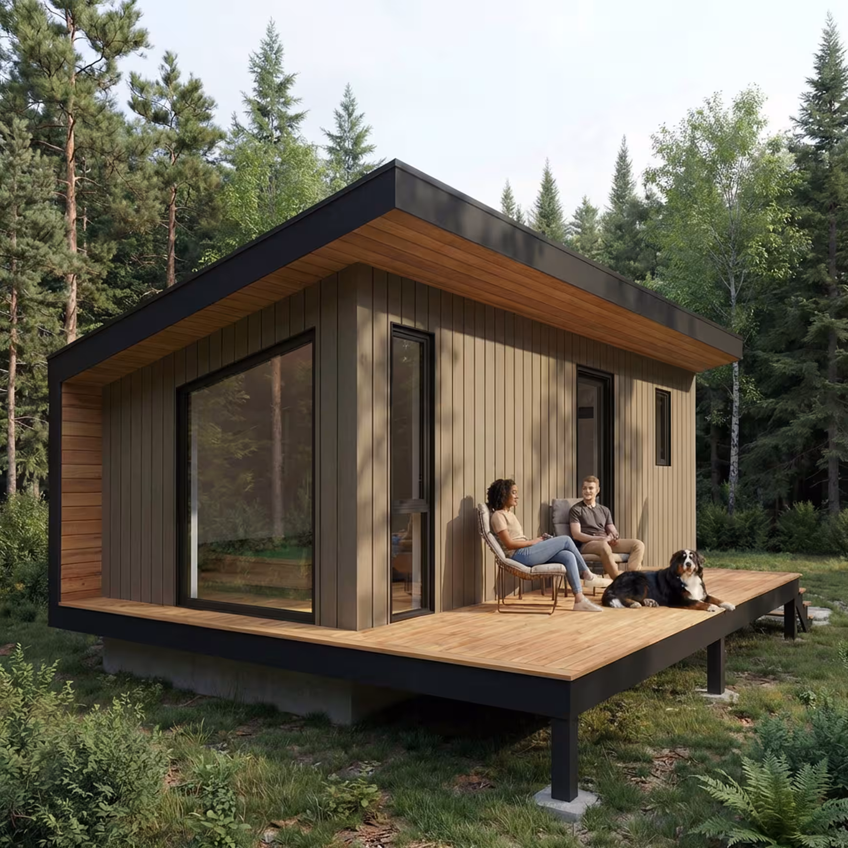 Modern cabin with dark vertical siding and a wraparound wooden deck, where two people sit outdoors with a large dog.