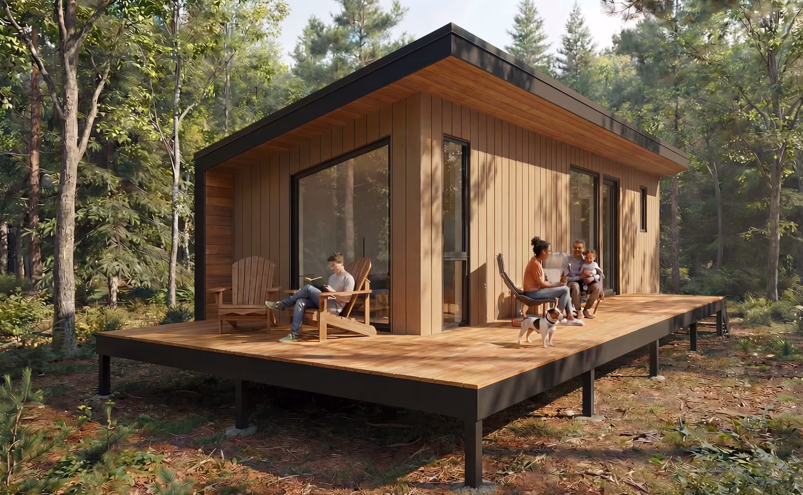 Modern forest cabin with a broad wooden deck, where a family relaxes outdoors with a small dog.