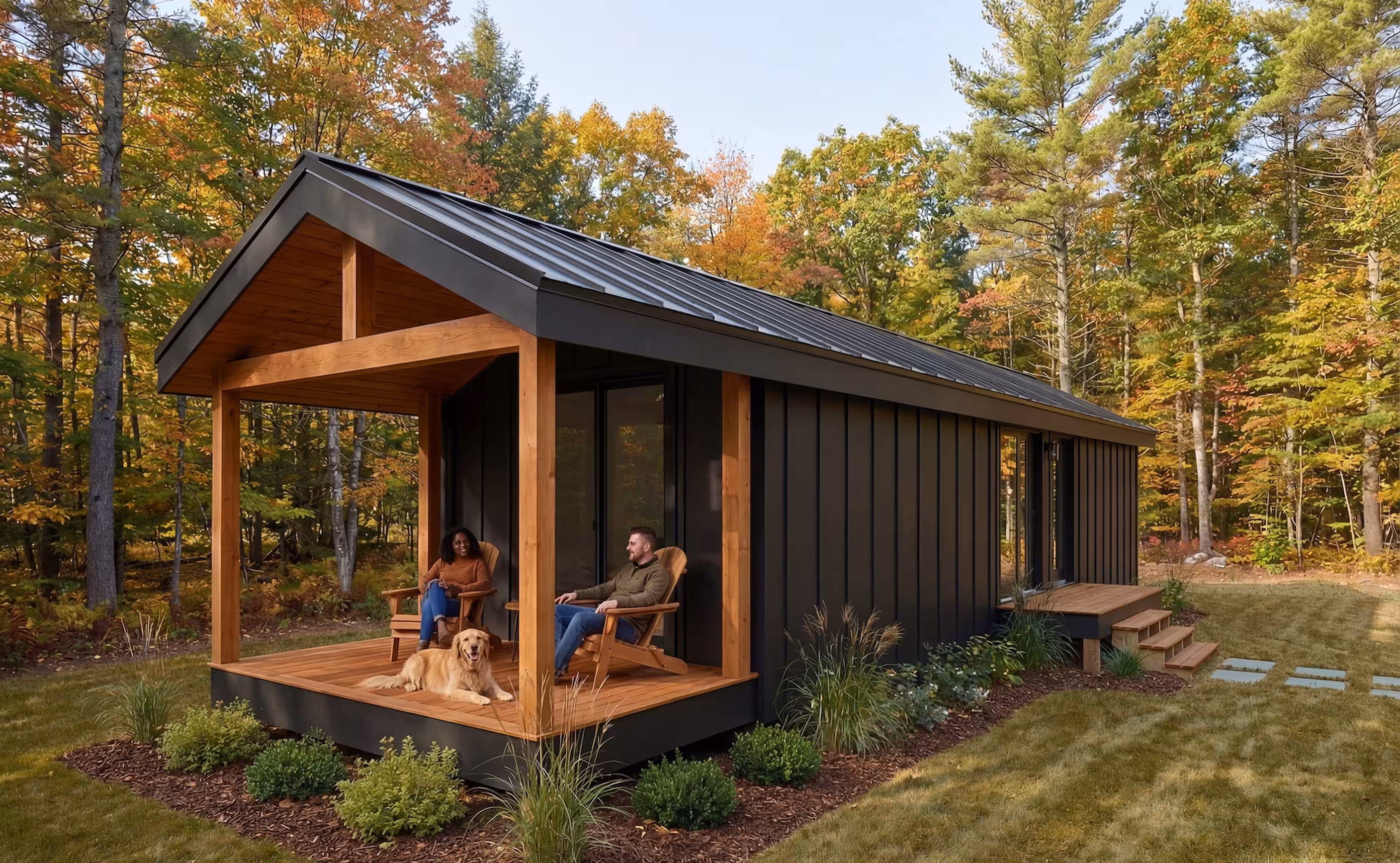 Dark modern cabin with a metal gable roof and covered front porch, where two people sit with a golden retriever amid autumn foliage.