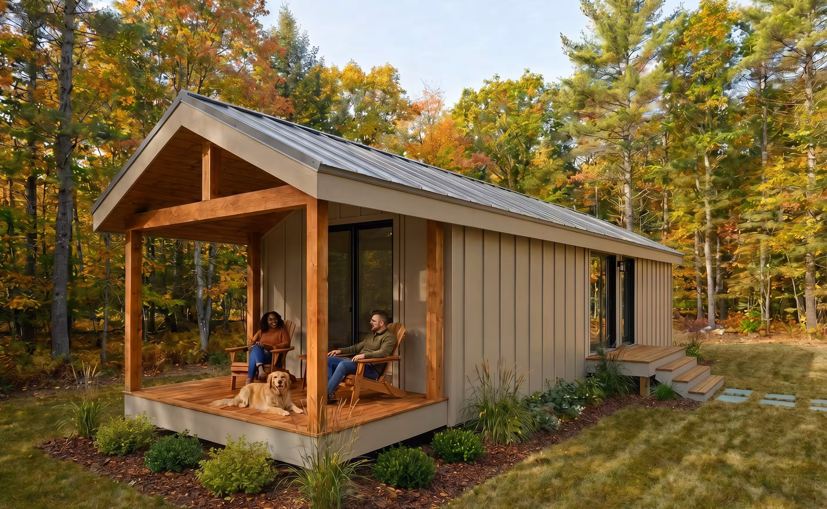 Compact gable-roof cabin surrounded by autumn trees, with two people and a dog relaxing on a covered wooden porch.
