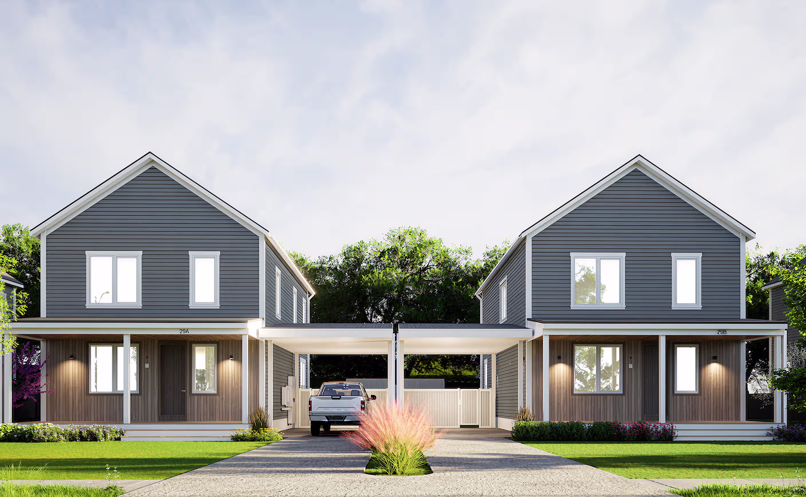 adams cirlce two houses with a parking