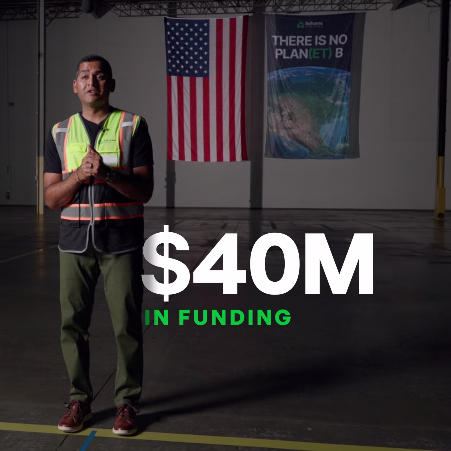 Vikas Enti, CEO and Co-Founder of Reframe Systems, standing in an empty microfactory warehouse next to a graphic reading "$40M in funding."