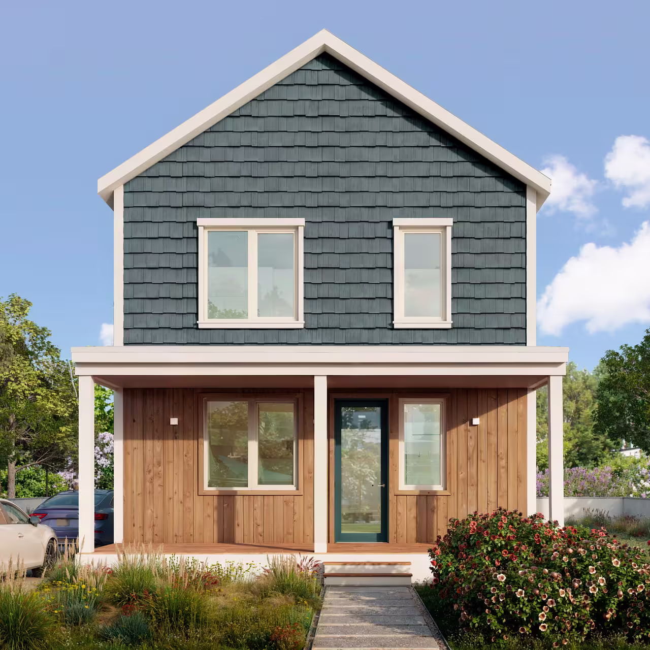 Modern two-story modular home with front porch